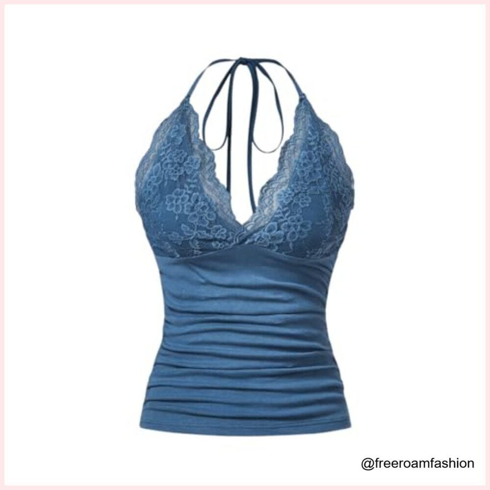 Women's Halter Top Lace V Neck Ruched Low Cut Backless Camisole Tank - Picture 3 of 5